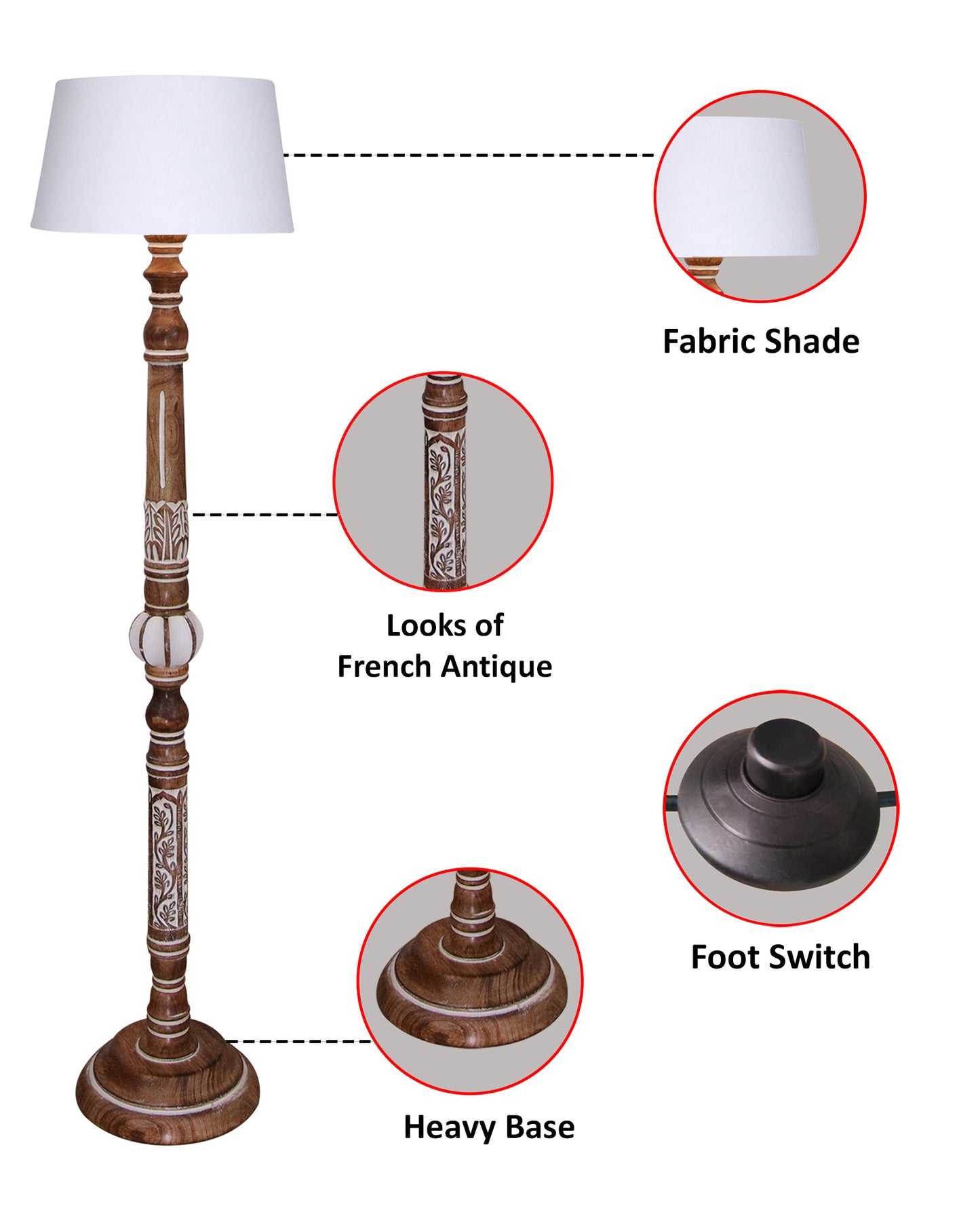 Royal Carving Antique white finish wooden floor lamp with Beige Fabric Lamp Shade