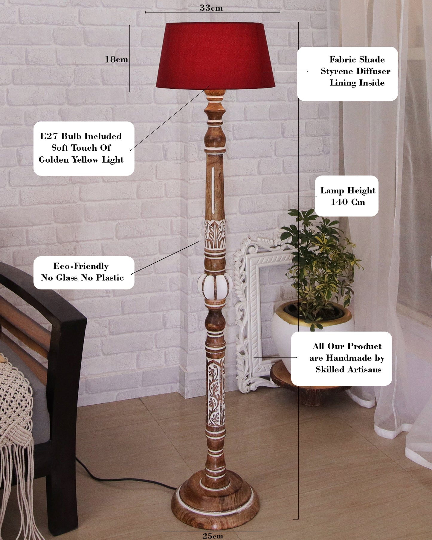 Royal Carving Antique white finish wooden floor lamp with Beige Fabric Lamp Shade