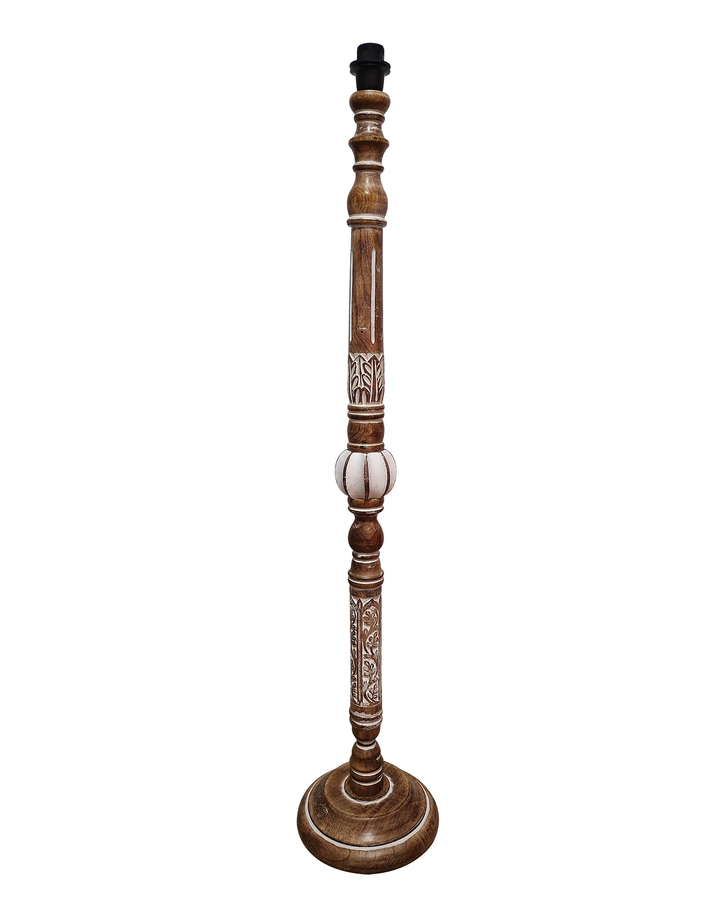 Royal Carving Antique white finish wooden floor lamp with Beige Fabric Lamp Shade