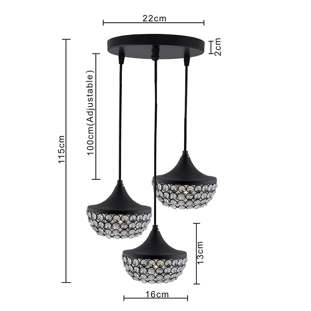 3-lights Round Cluster Chandelier Crystal hanging goblet Pendant Light with Braided Cord