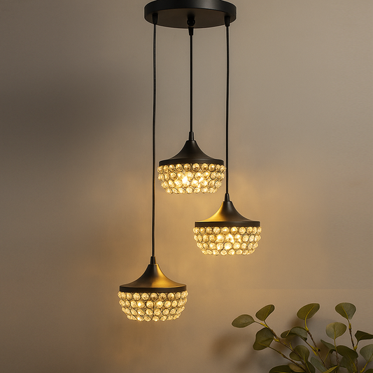 3-lights Round Cluster Chandelier Crystal hanging goblet Pendant Light with Braided Cord