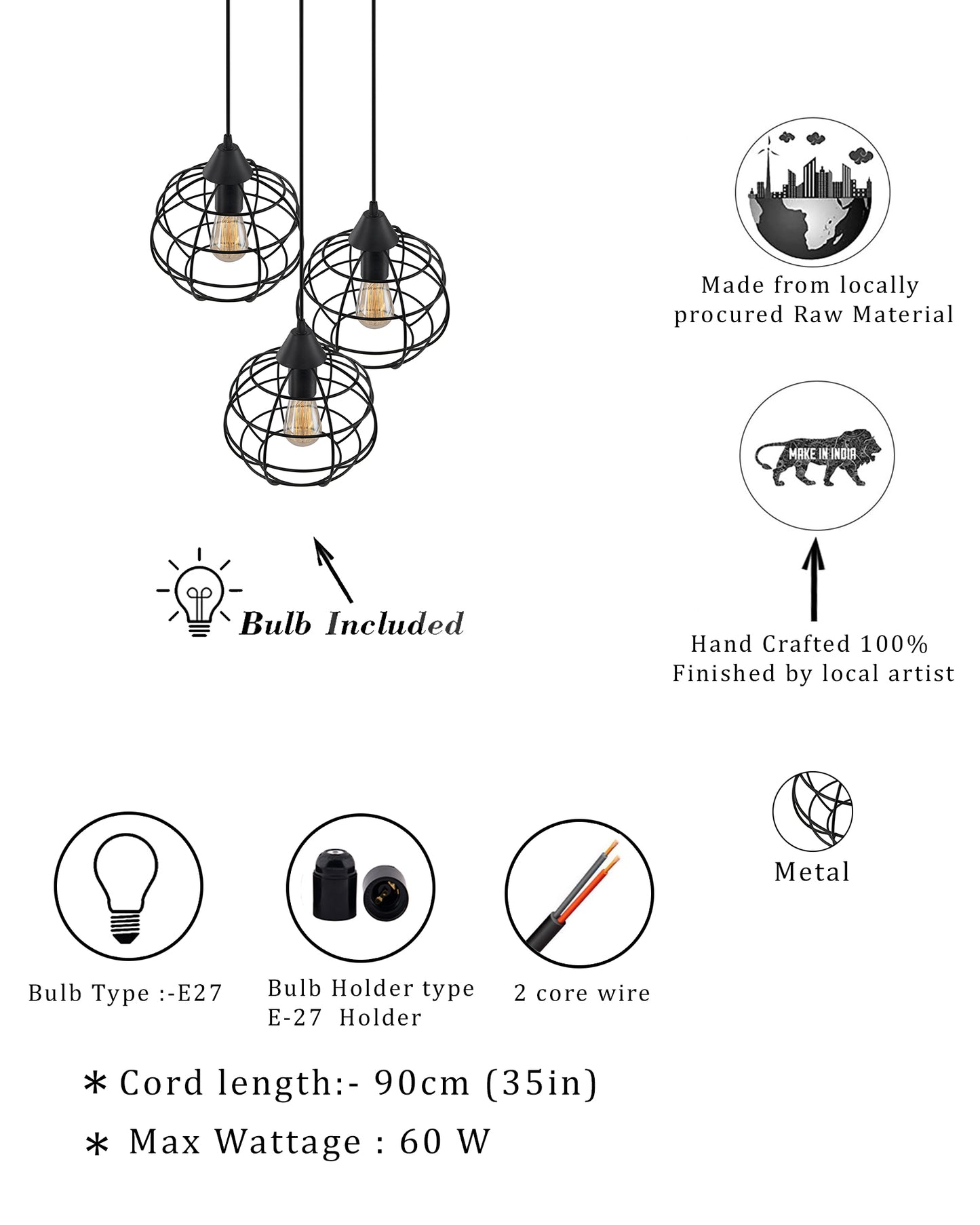 3-Lights Round Cluster Chandelier Hanging Classic Sphere Pendant Light with Braided Cord