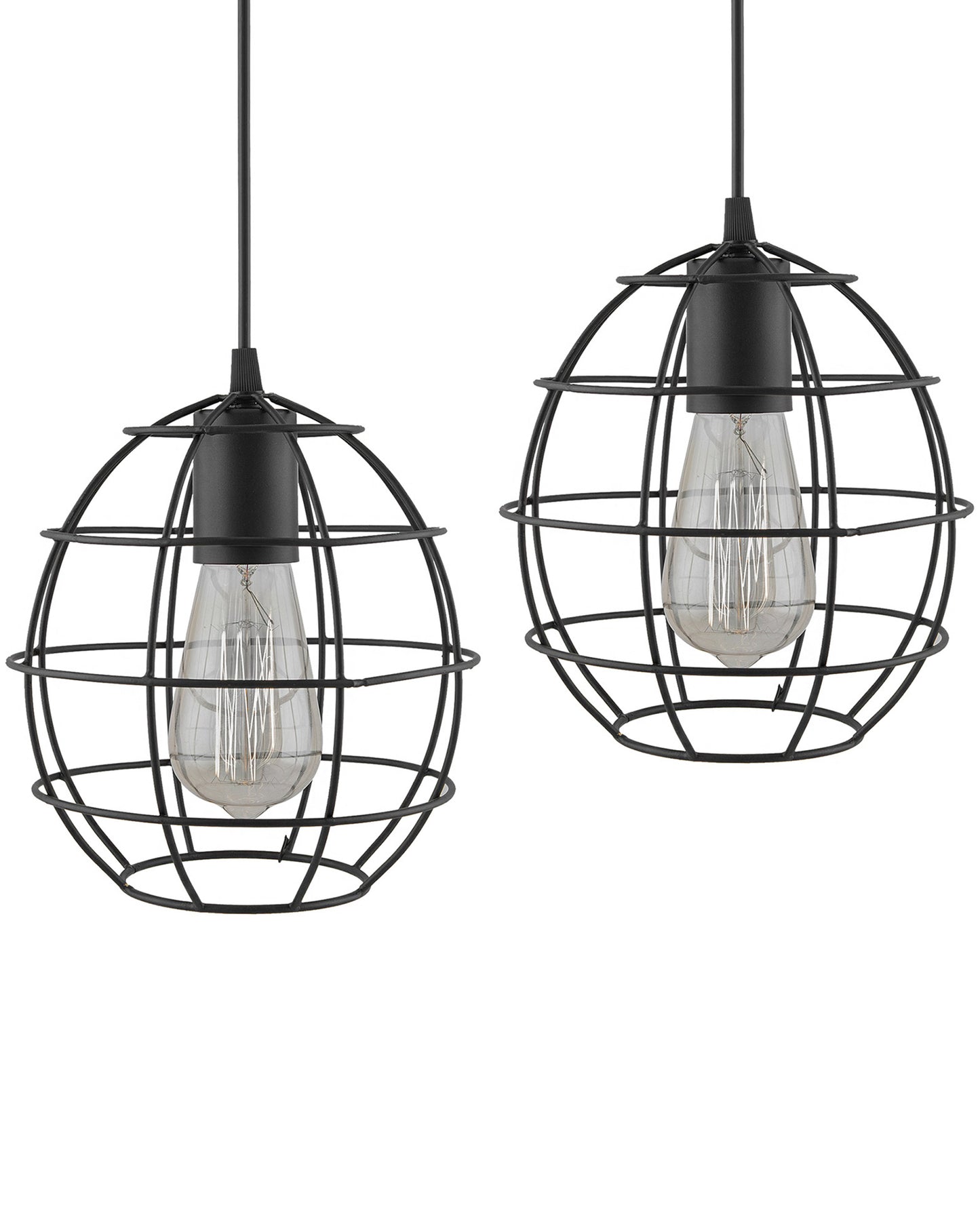E27 Edison Vintage Black Metal Sphere Hanging Light, Set of 2, Pendant Ceiling Light Lamp