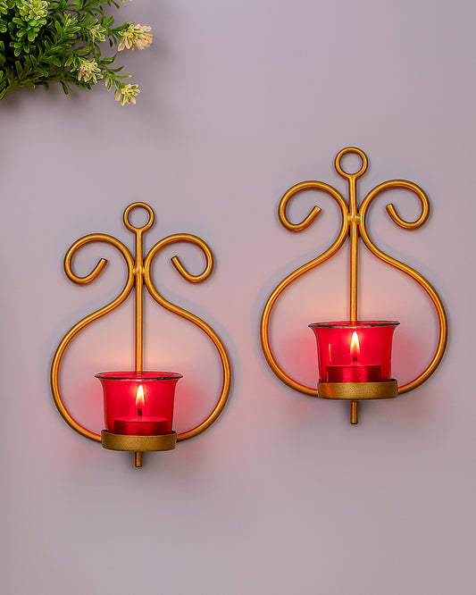 Set of 2 Decorative Golden Wall Sconce/Candle Holder With Glass and Free T-light Candles