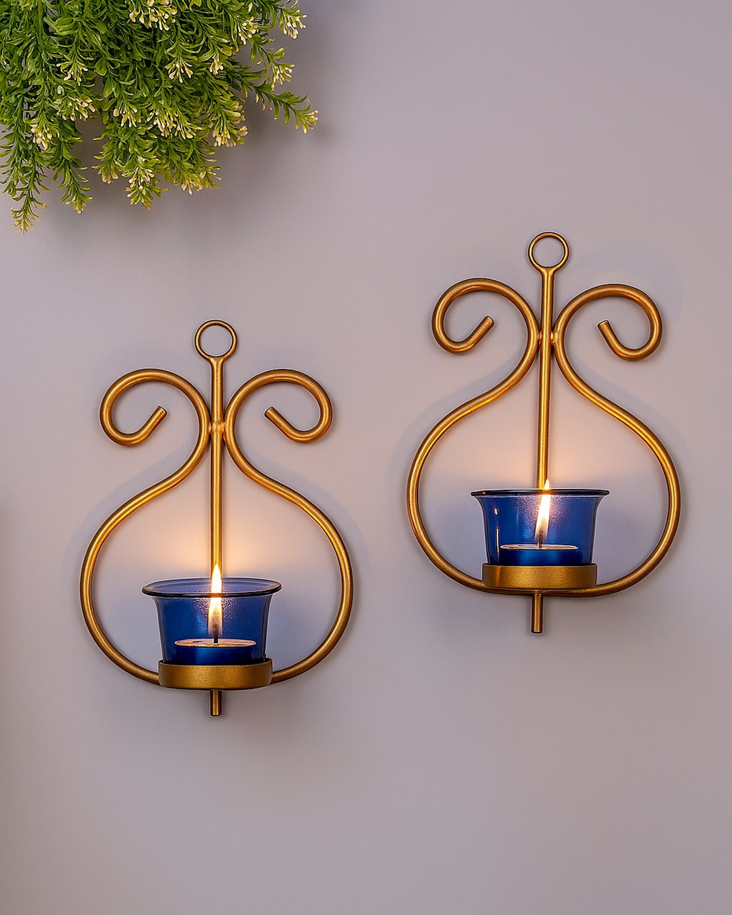 Set of 2 Decorative Golden Wall Sconce/Candle Holder With Glass and Free T-light Candles