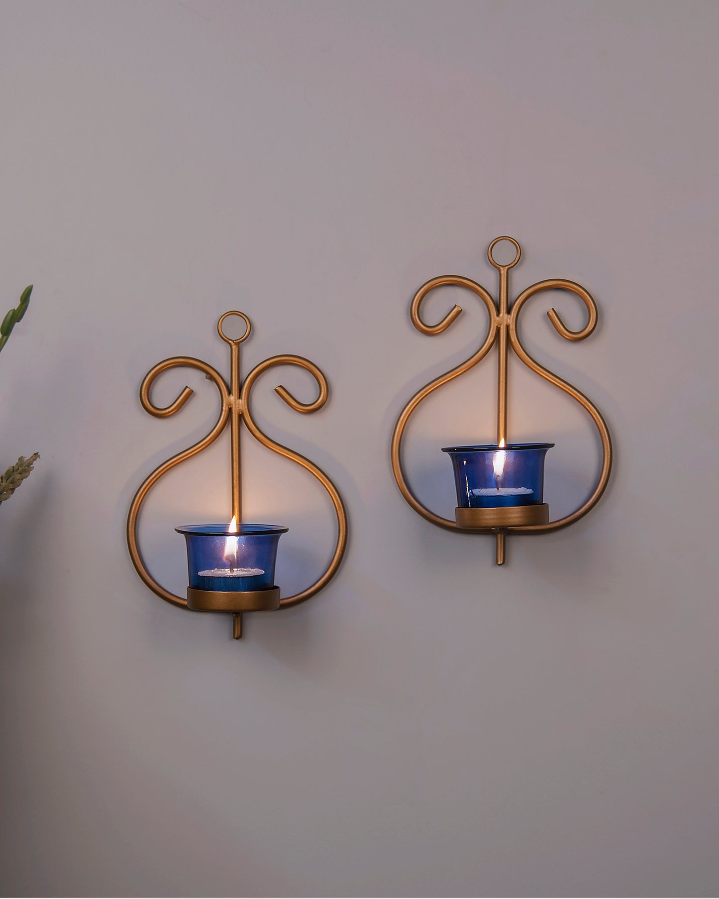 Set of 2 Decorative Golden Wall Sconce/Candle Holder With Glass and Free T-light Candles