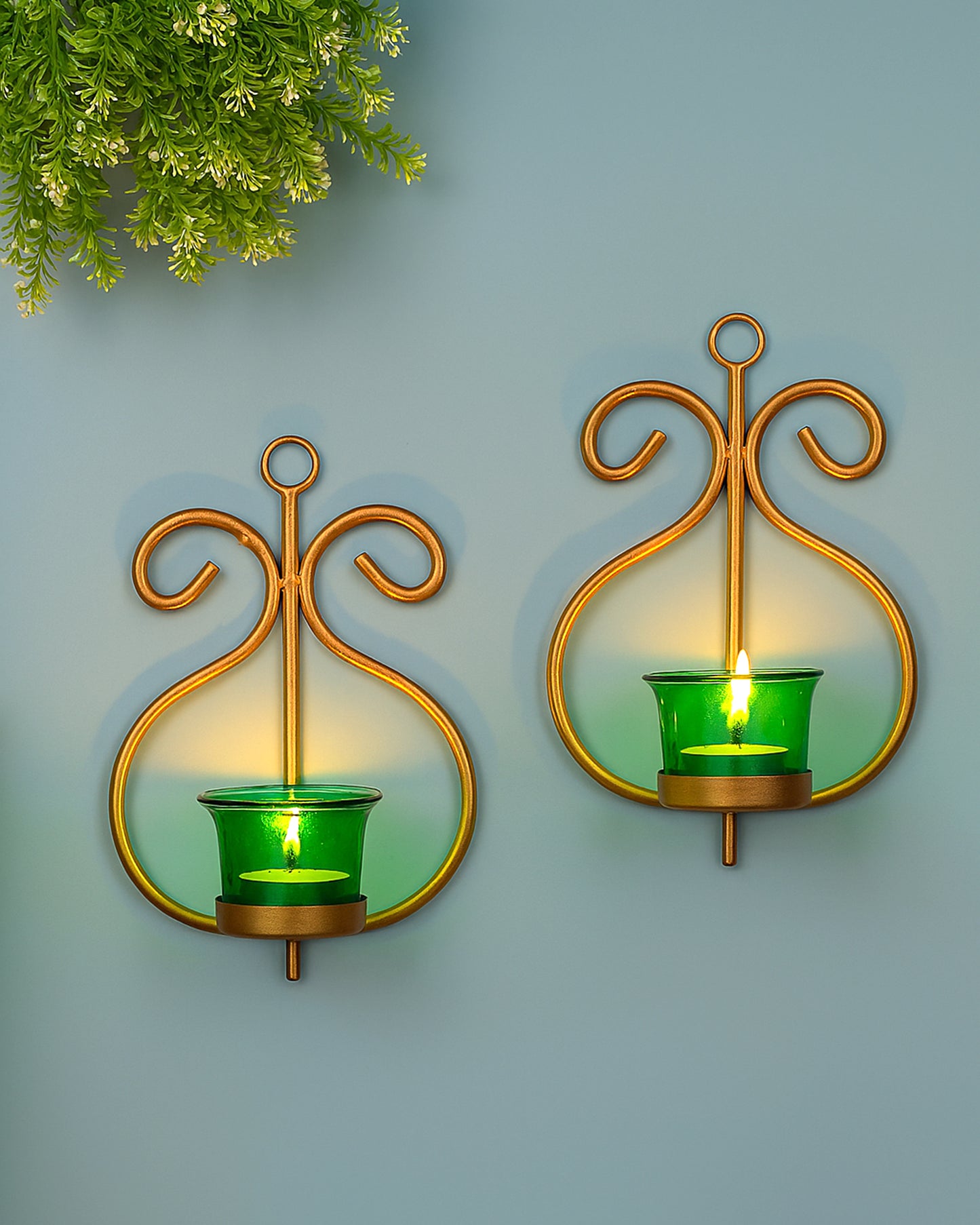 Set of 2 Decorative Golden Wall Sconce/Candle Holder With Glass and Free T-light Candles