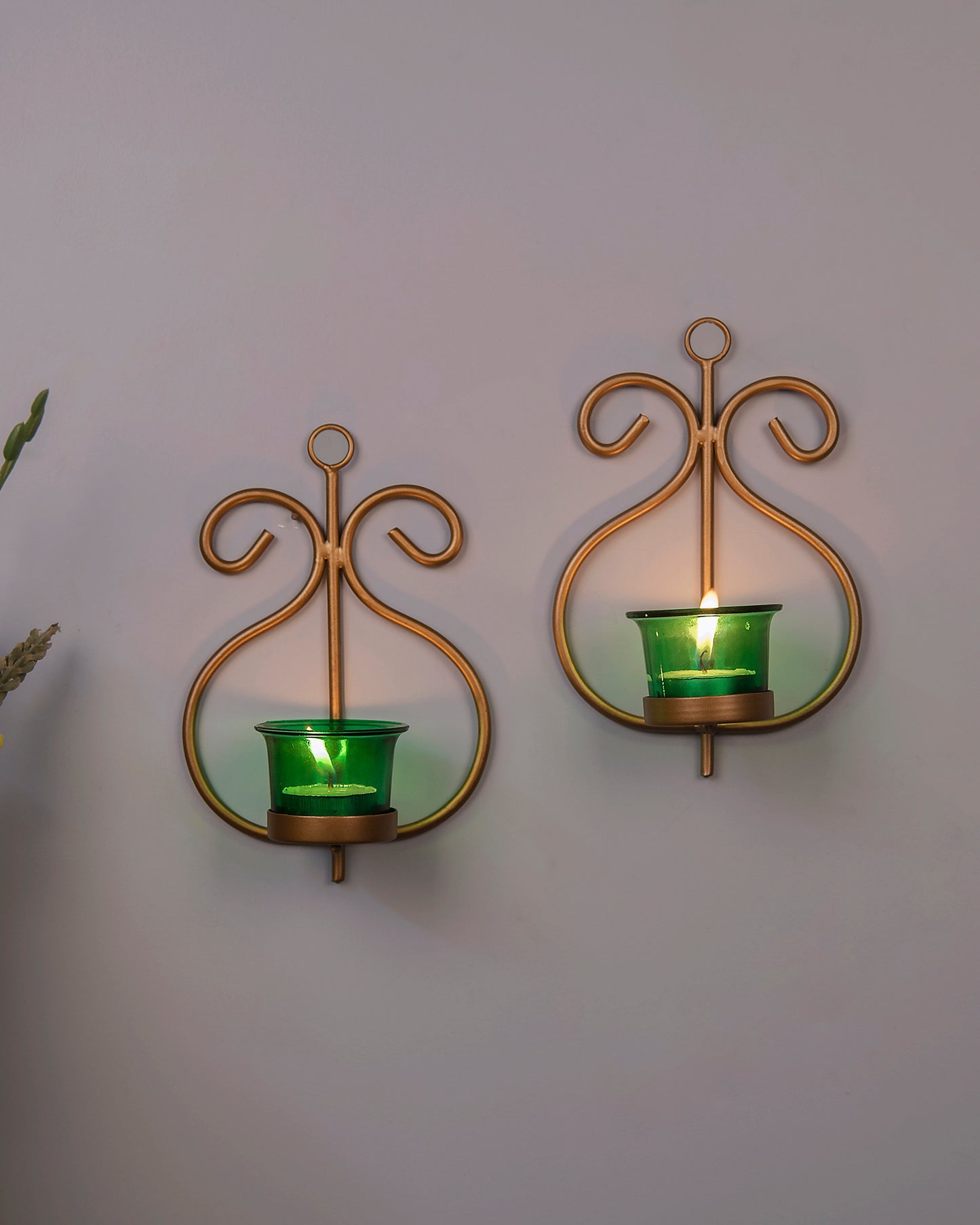 Set of 2 Decorative Golden Wall Sconce/Candle Holder With Glass and Free T-light Candles