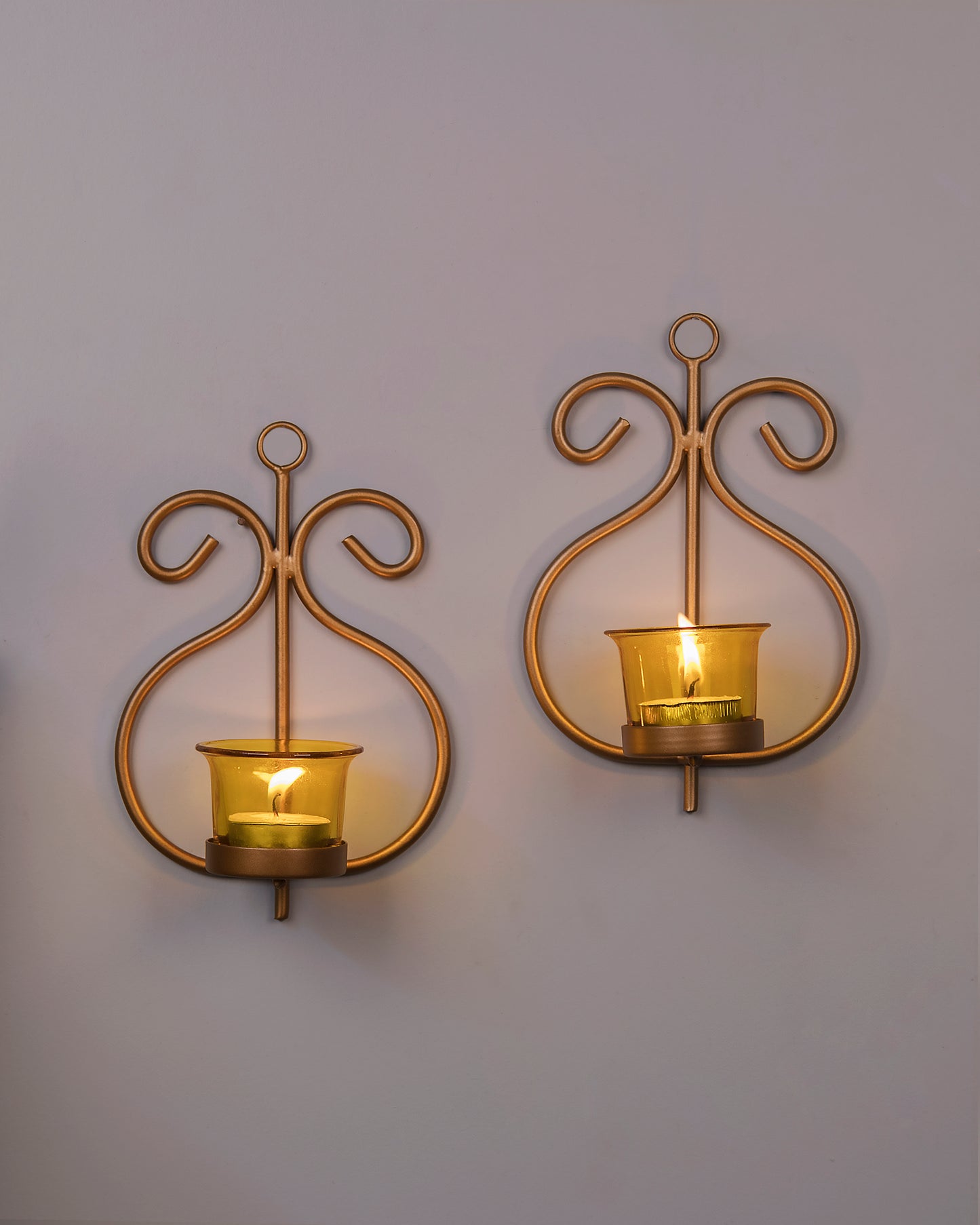 Set of 2 Decorative Golden Wall Sconce/Candle Holder With Glass and Free T-light Candles