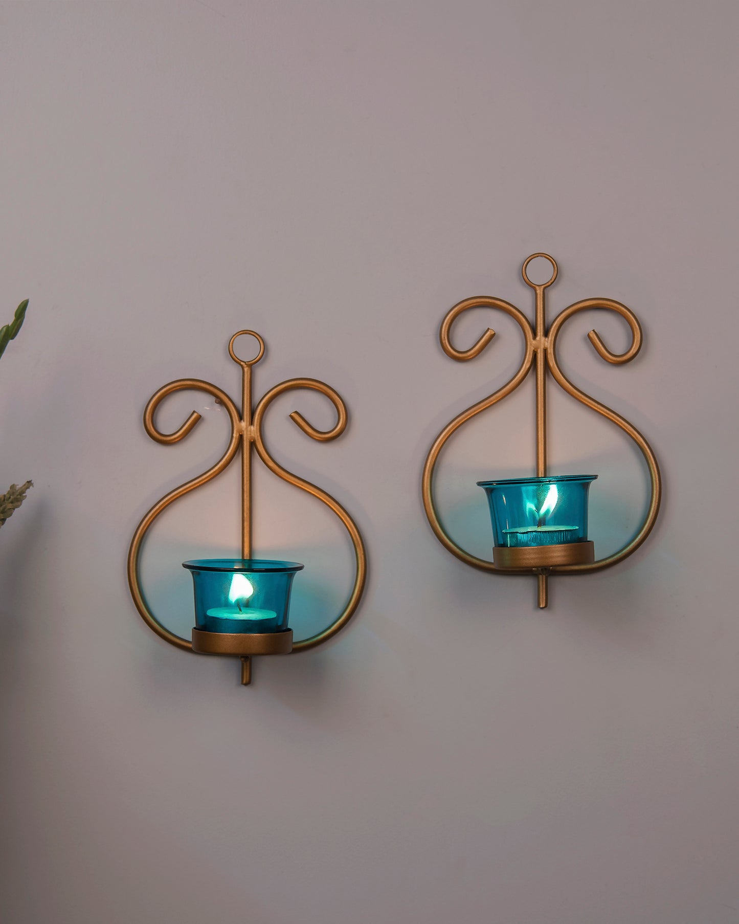 Set of 2 Decorative Golden Wall Sconce/Candle Holder With Glass and Free T-light Candles