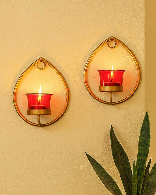 Set of 2 Decorative Golden Drop Wall Sconce/Candle Holder With Glass and Free T-light Candles