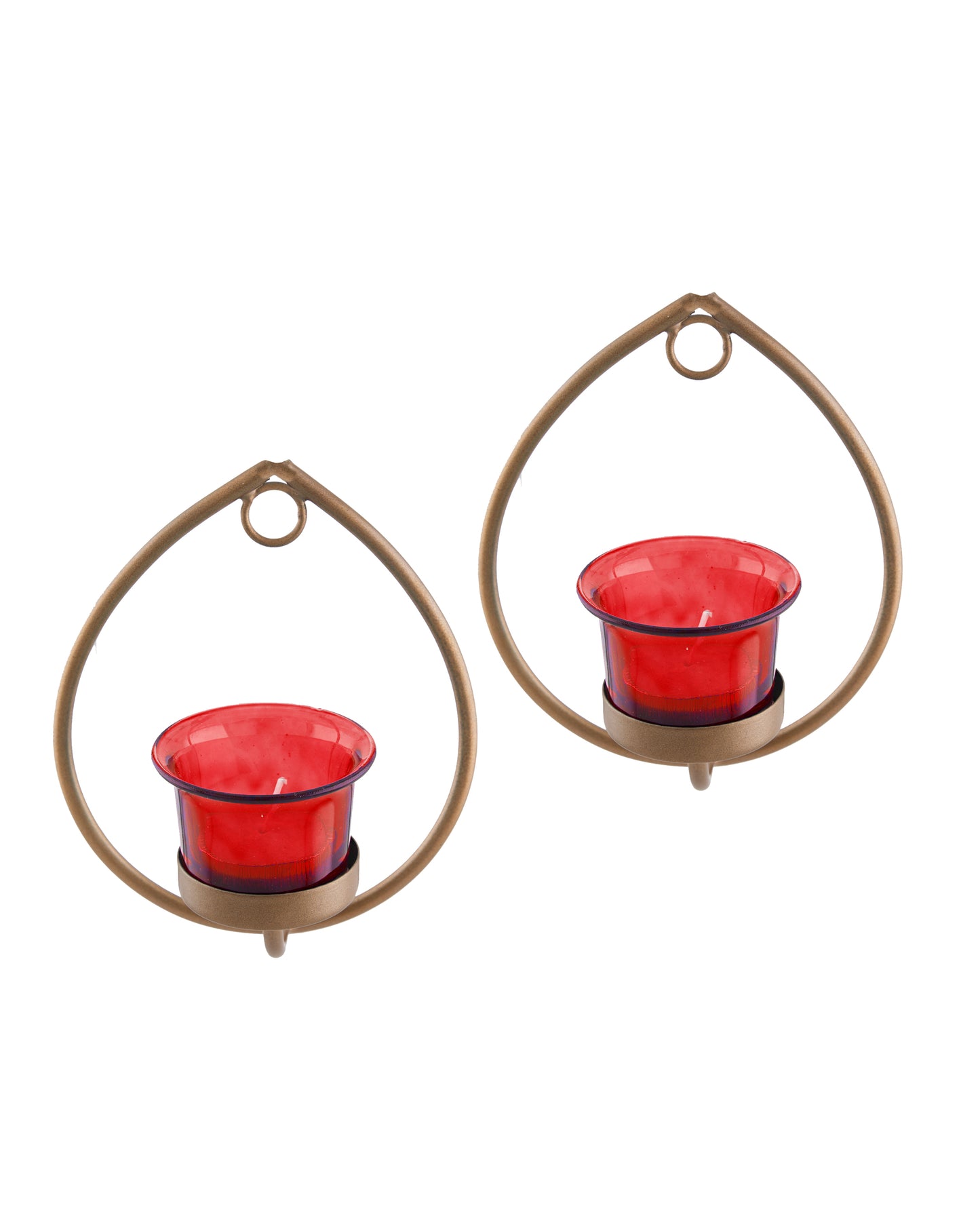 Set of 2 Decorative Golden Drop Wall Sconce/Candle Holder With Glass and Free T-light Candles