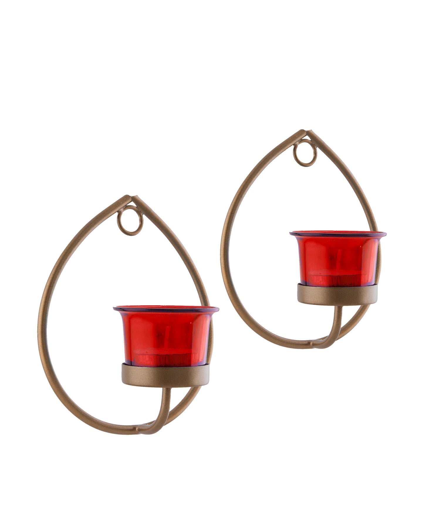 Set of 2 Decorative Golden Drop Wall Sconce/Candle Holder With Glass and Free T-light Candles