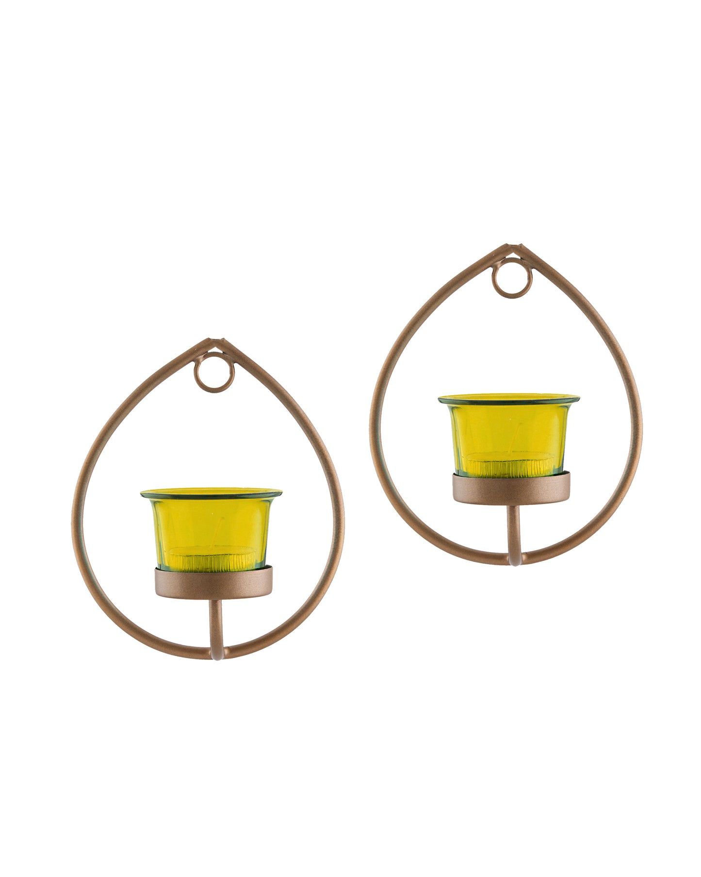 Set of 2 Decorative Golden Drop Wall Sconce/Candle Holder With Glass and Free T-light Candles
