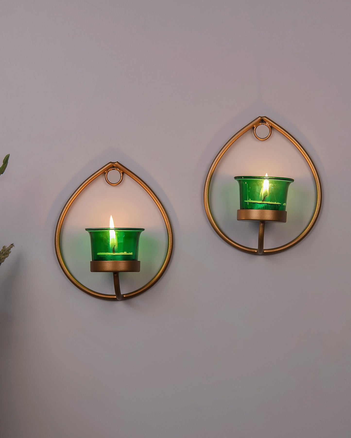Set of 2 Decorative Golden Drop Wall Sconce/Candle Holder With Glass and Free T-light Candles