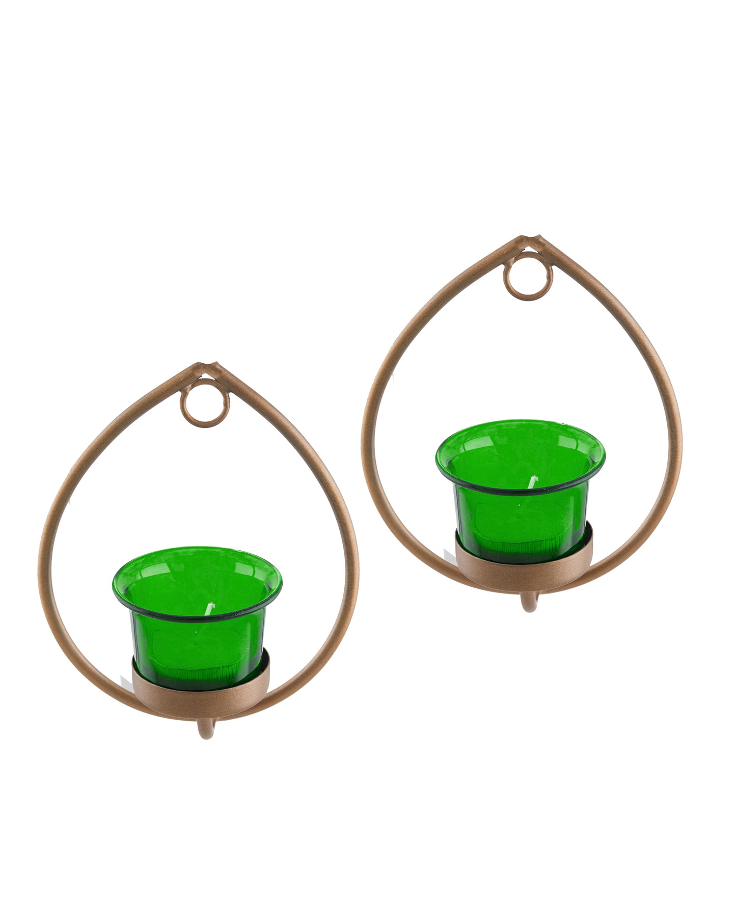 Set of 2 Decorative Golden Drop Wall Sconce/Candle Holder With Glass and Free T-light Candles