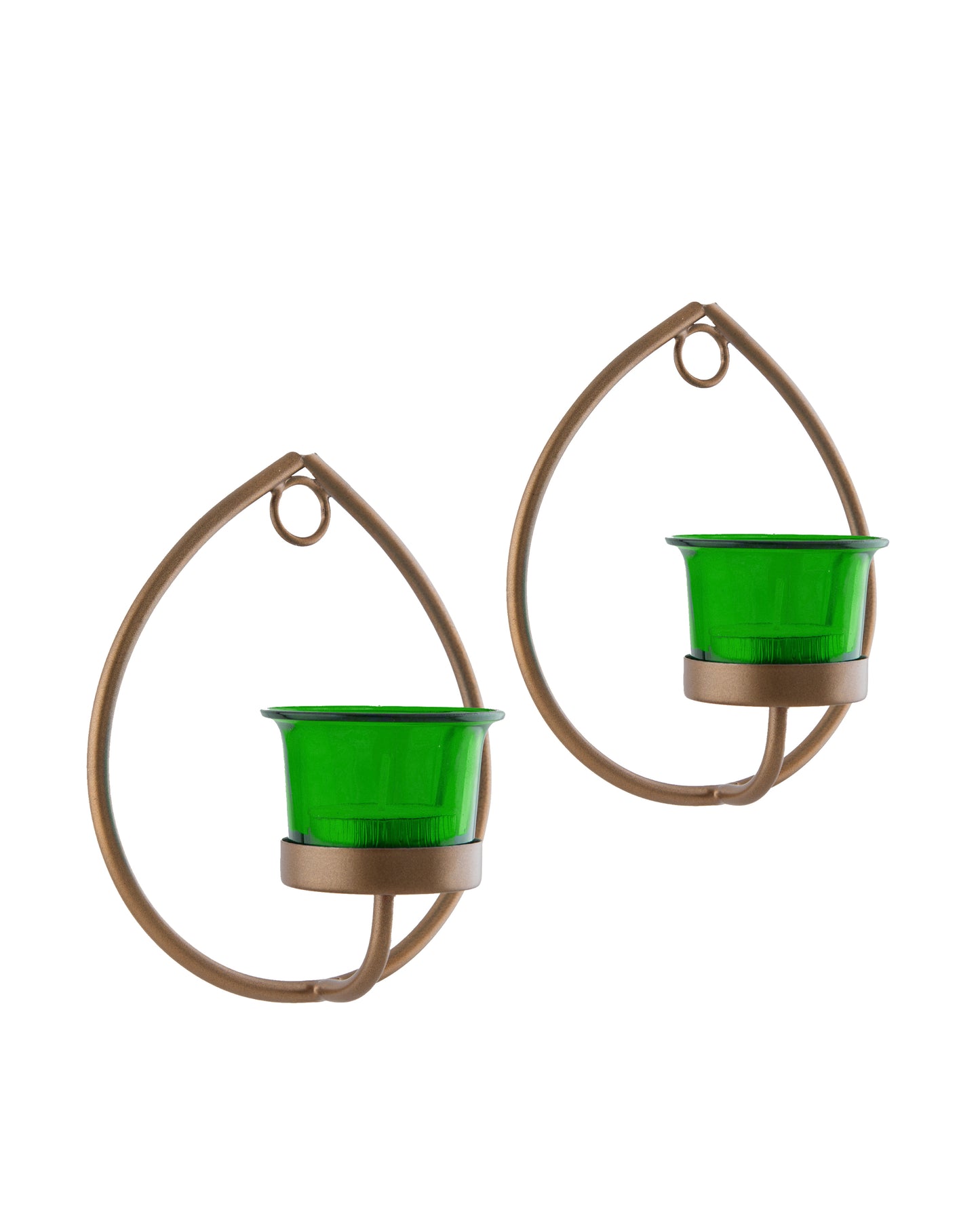 Set of 2 Decorative Golden Drop Wall Sconce/Candle Holder With Glass and Free T-light Candles