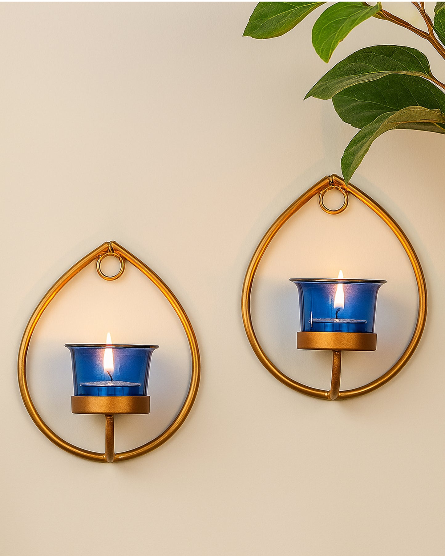 Set of 2 Decorative Golden Drop Wall Sconce/Candle Holder With Glass and Free T-light Candles