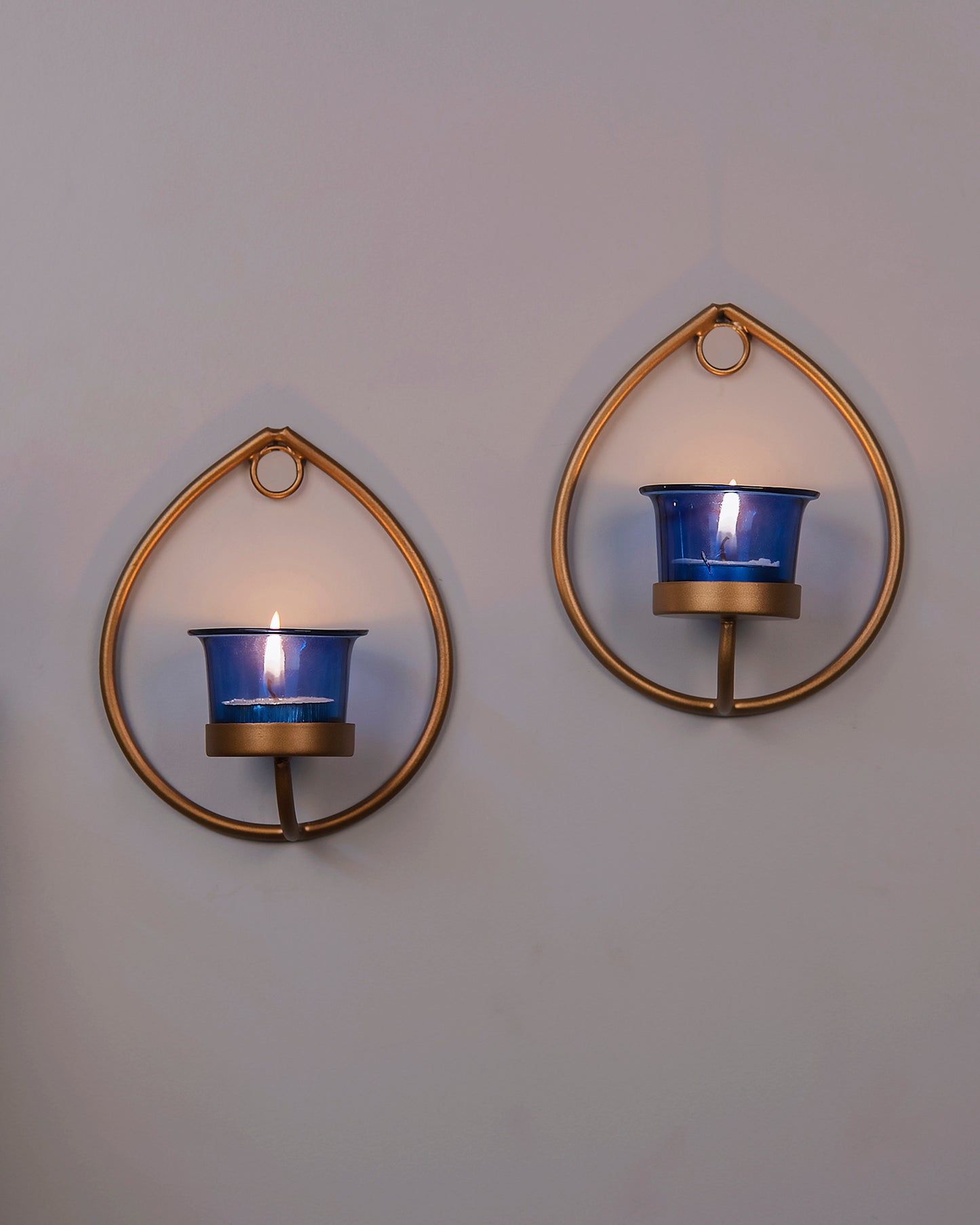 Set of 2 Decorative Golden Drop Wall Sconce/Candle Holder With Glass and Free T-light Candles