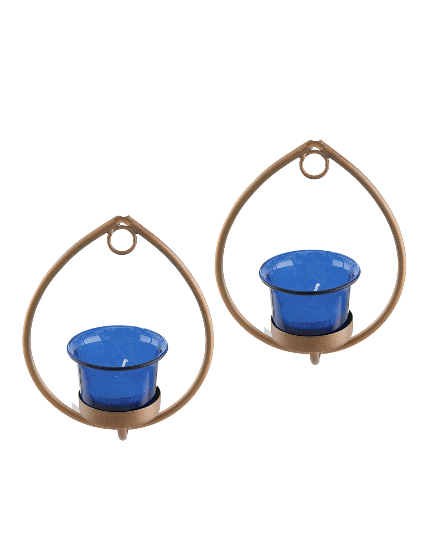 Set of 2 Decorative Golden Drop Wall Sconce/Candle Holder With Glass and Free T-light Candles
