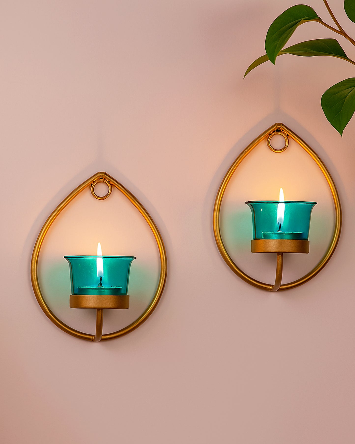 Set of 2 Decorative Golden Drop Wall Sconce/Candle Holder With Glass and Free T-light Candles