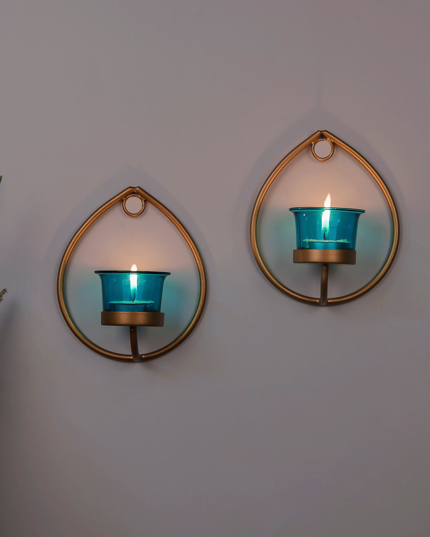 Set of 2 Decorative Golden Drop Wall Sconce/Candle Holder With Glass and Free T-light Candles