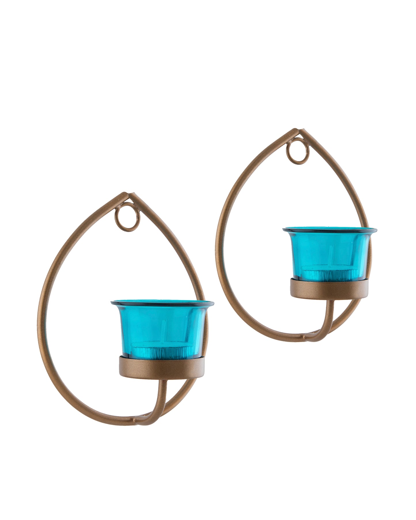 Set of 2 Decorative Golden Drop Wall Sconce/Candle Holder With Glass and Free T-light Candles