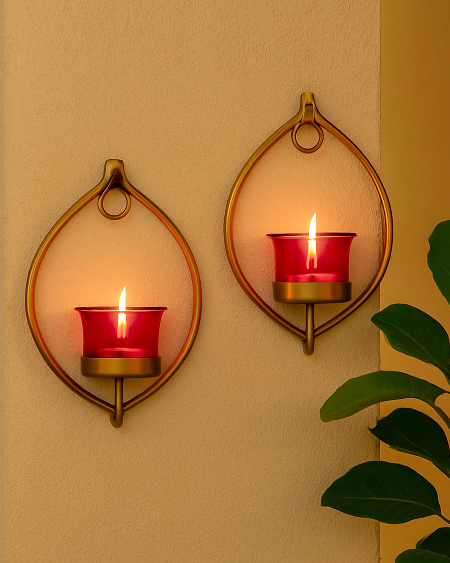 Set of 2 Decorative Golden Eye Wall Sconce/Candle Holder With Glass and Free T-light Candles