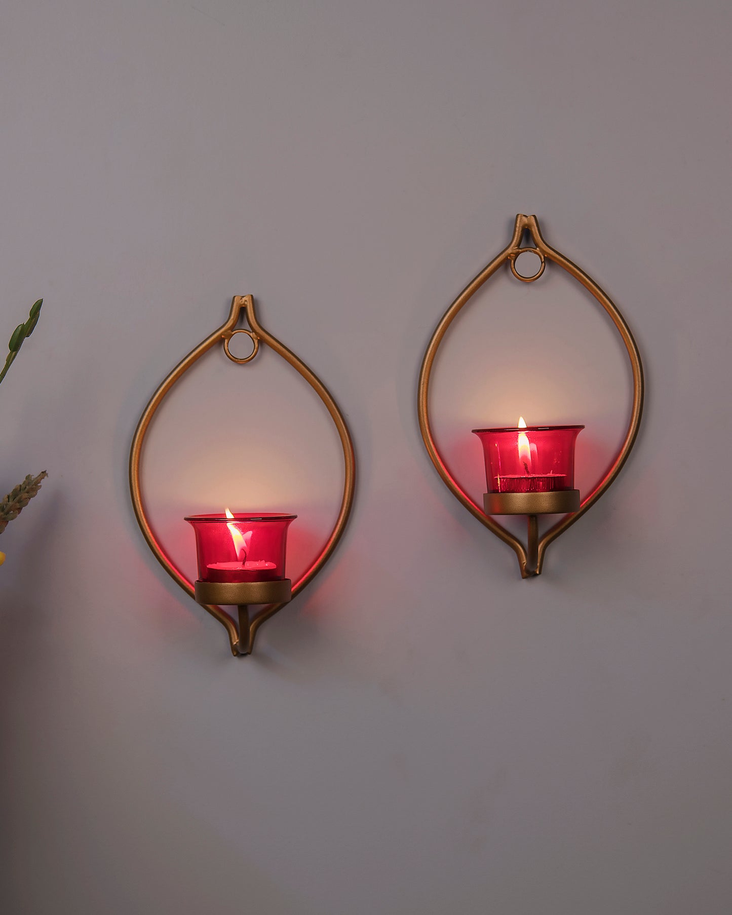 Set of 2 Decorative Golden Eye Wall Sconce/Candle Holder With Glass and Free T-light Candles