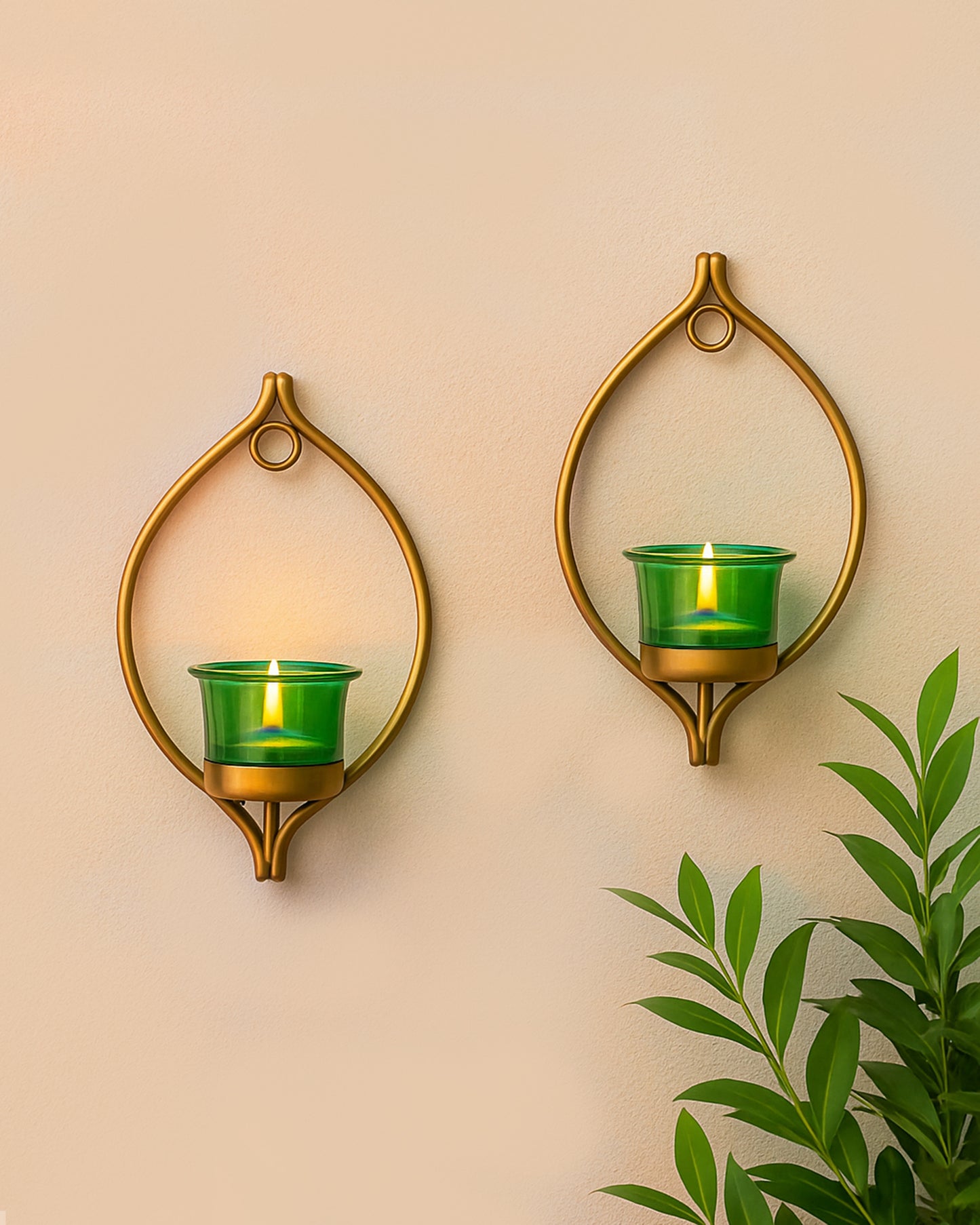 Set of 2 Decorative Golden Eye Wall Sconce/Candle Holder With Glass and Free T-light Candles