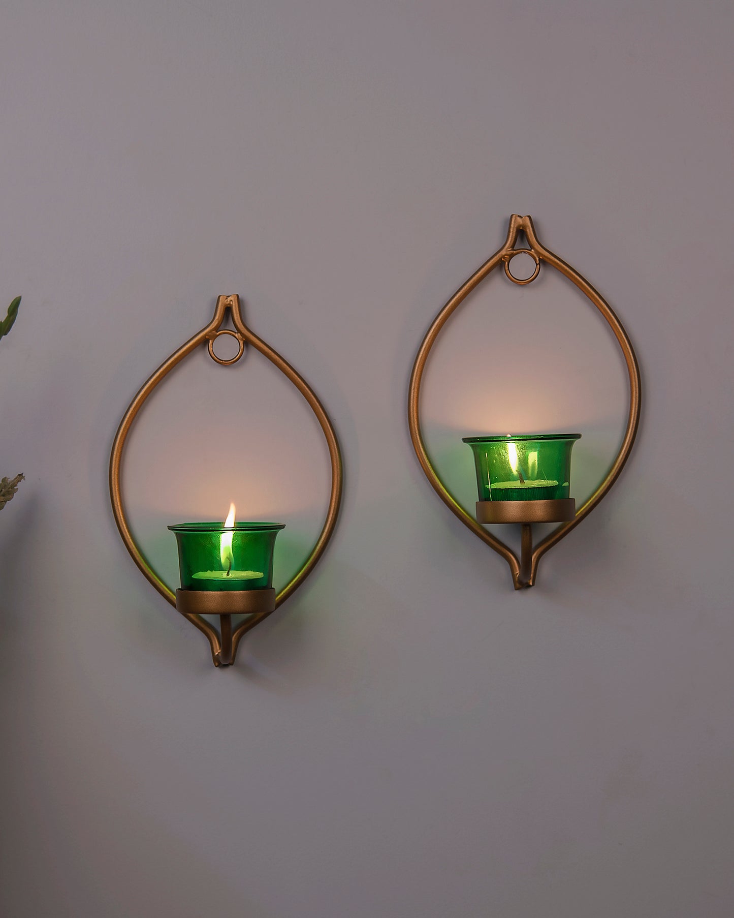 Set of 2 Decorative Golden Eye Wall Sconce/Candle Holder With Glass and Free T-light Candles