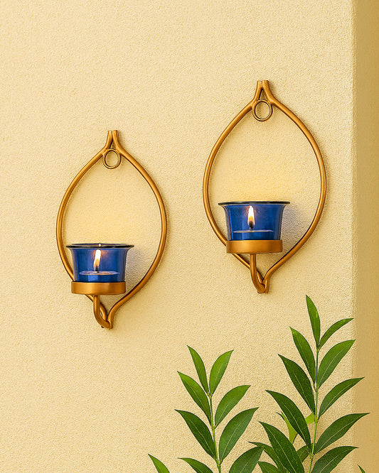 Set of 2 Decorative Golden Eye Wall Sconce/Candle Holder With Glass and Free T-light Candles