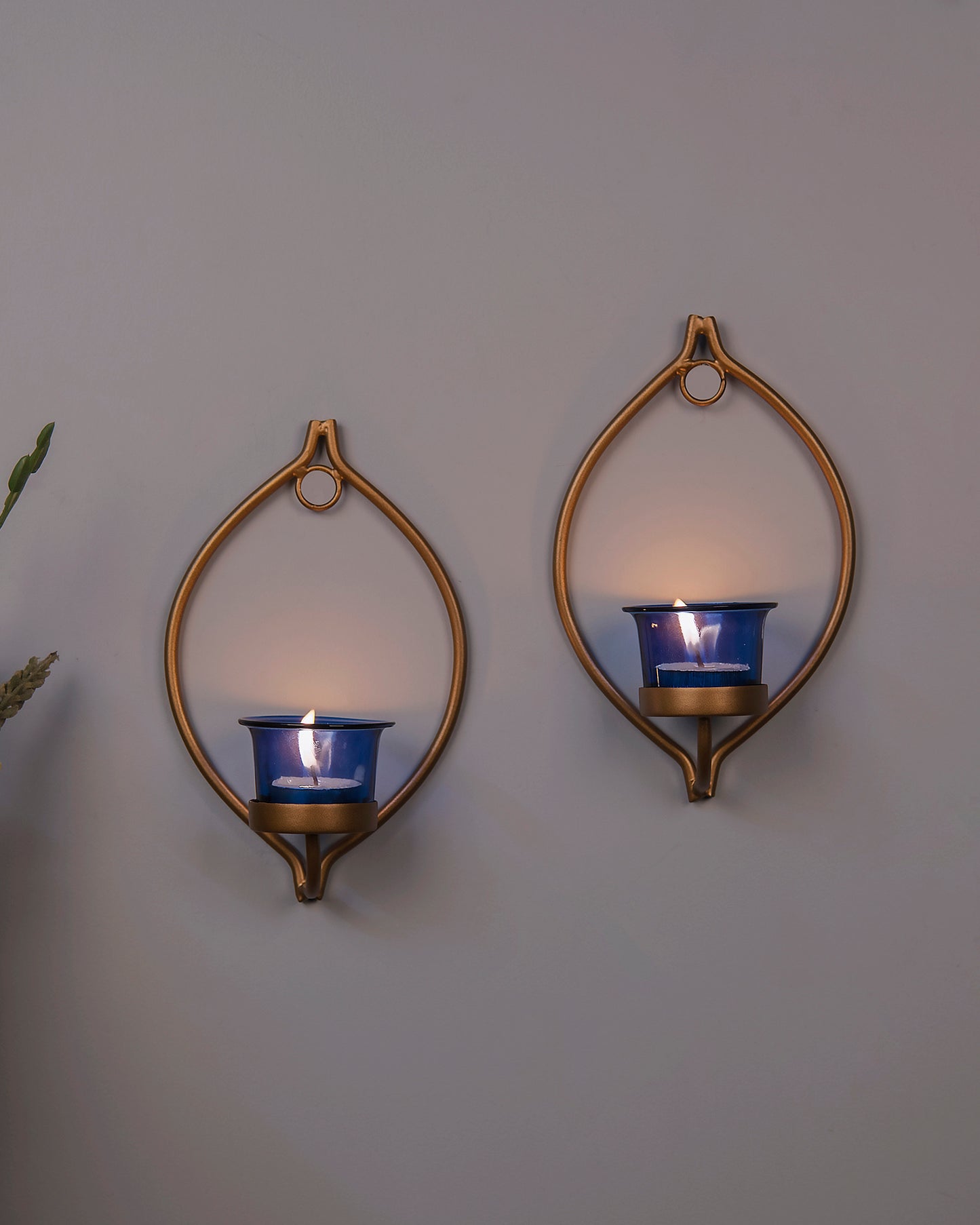 Set of 2 Decorative Golden Eye Wall Sconce/Candle Holder With Glass and Free T-light Candles