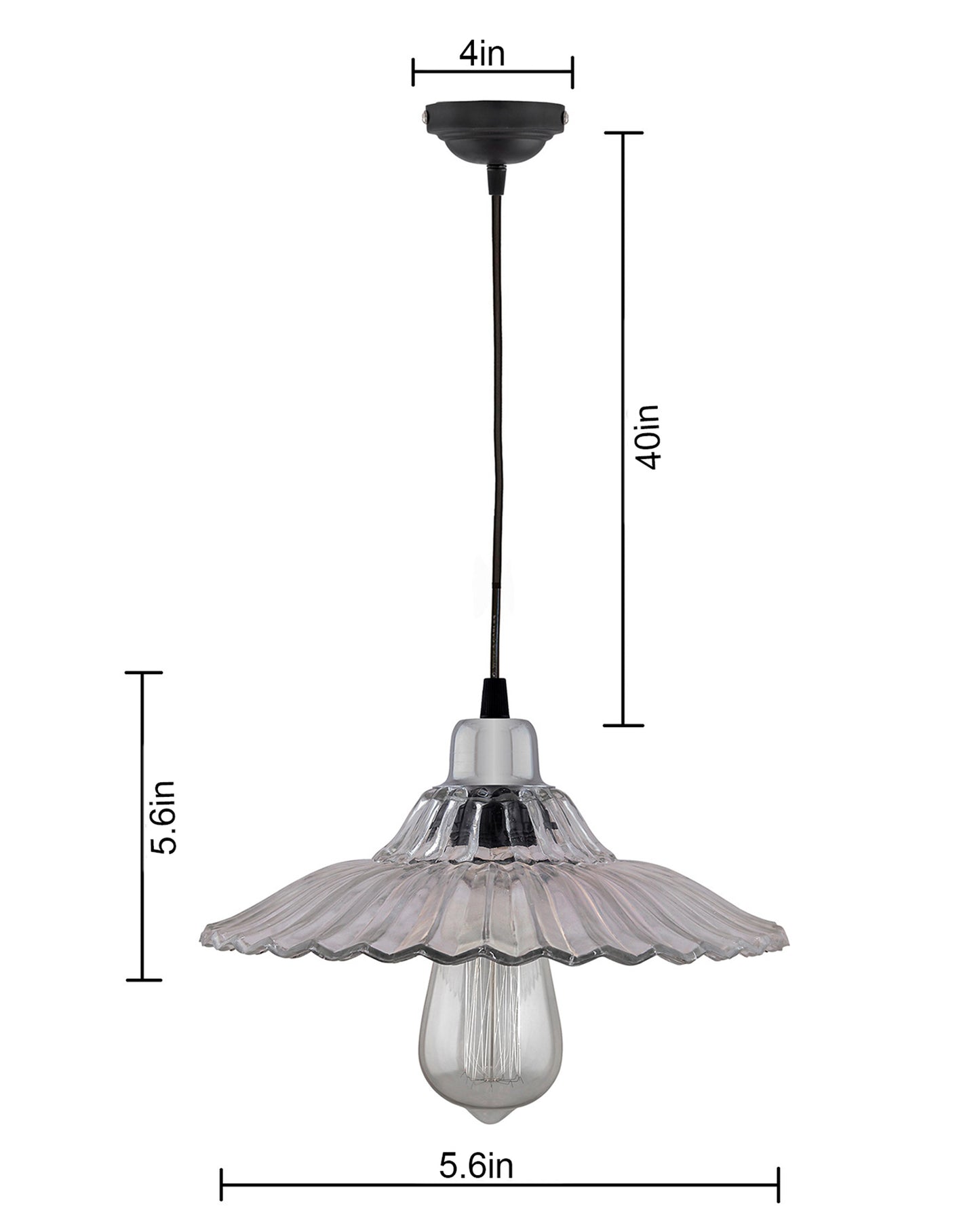 Homesake 40W Pendant Light Classic Ribbed Glass, Antique Gold Metal Hanging Ceiling LED Filament Light (Transparent)
