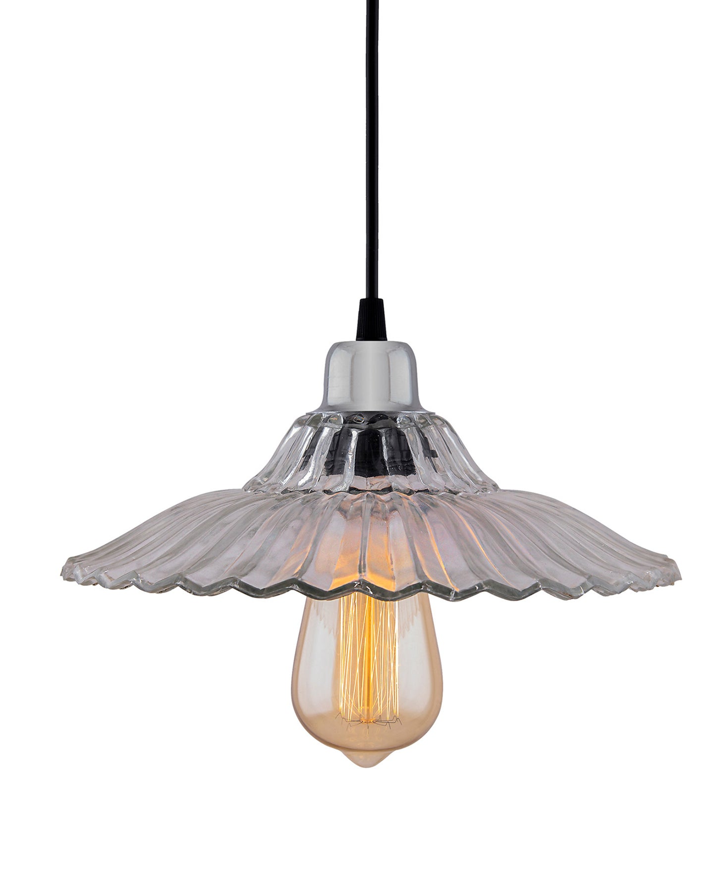 Homesake 40W Pendant Light Classic Ribbed Glass, Antique Gold Metal Hanging Ceiling LED Filament Light (Transparent)