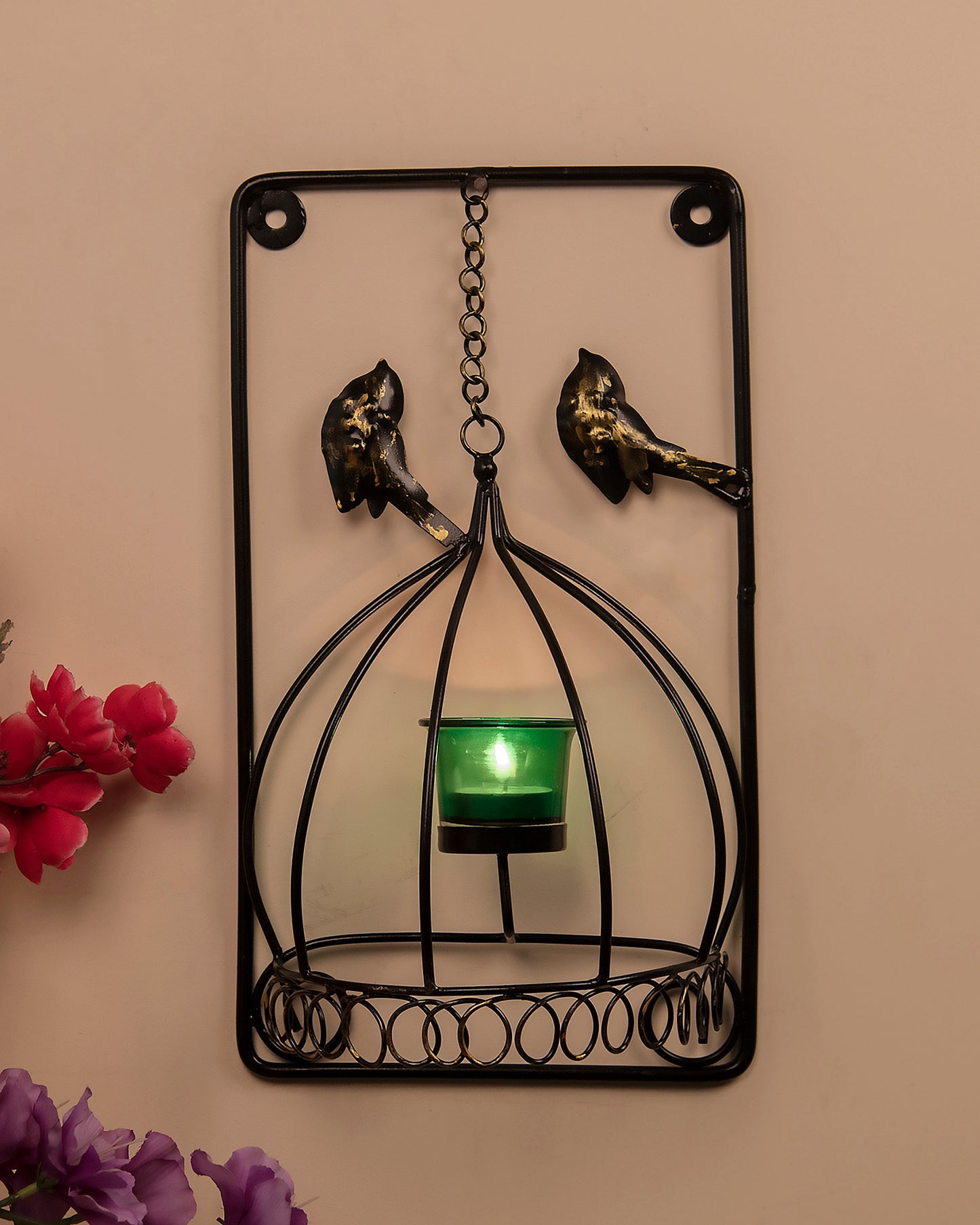 Metal Tealight Holder Bird Cage withGlass candle, Wall Candle holder Art, Metal Wall Sconce Decor