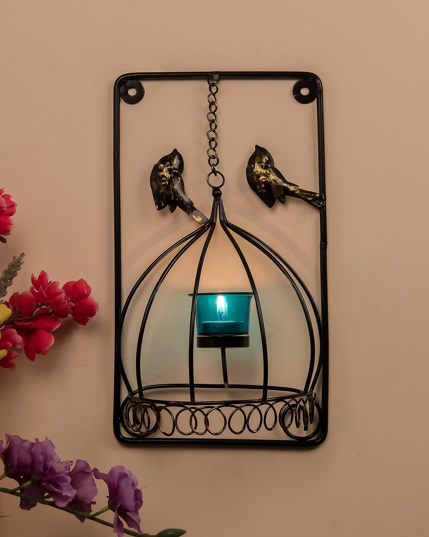 Metal Tealight Holder Bird Cage withGlass candle, Wall Candle holder Art, Metal Wall Sconce Decor