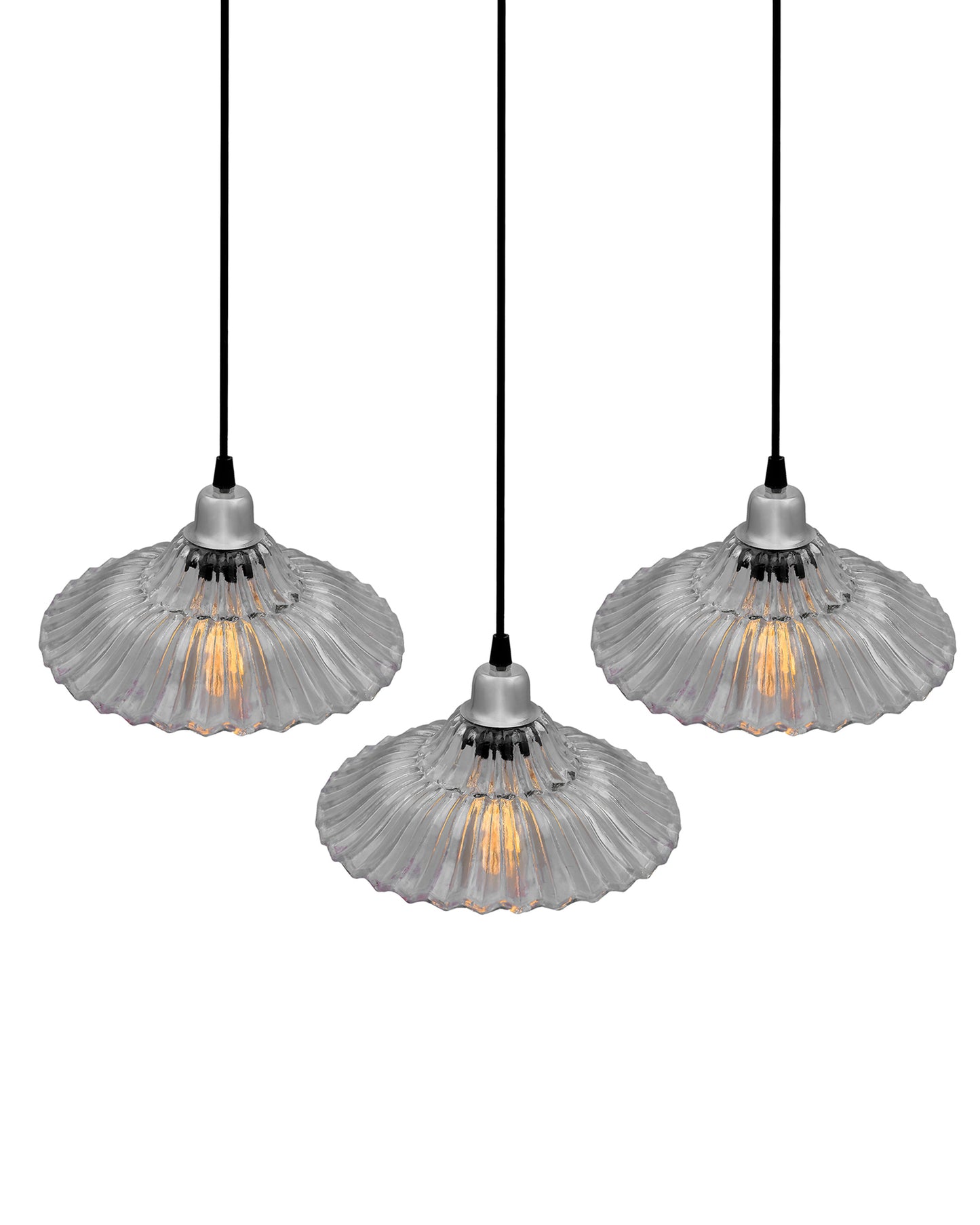 3-lights Linear Cluster Chandelier Ribbed Glass hanging Pendant Light, kitchen area and dining room light, LED/filament light