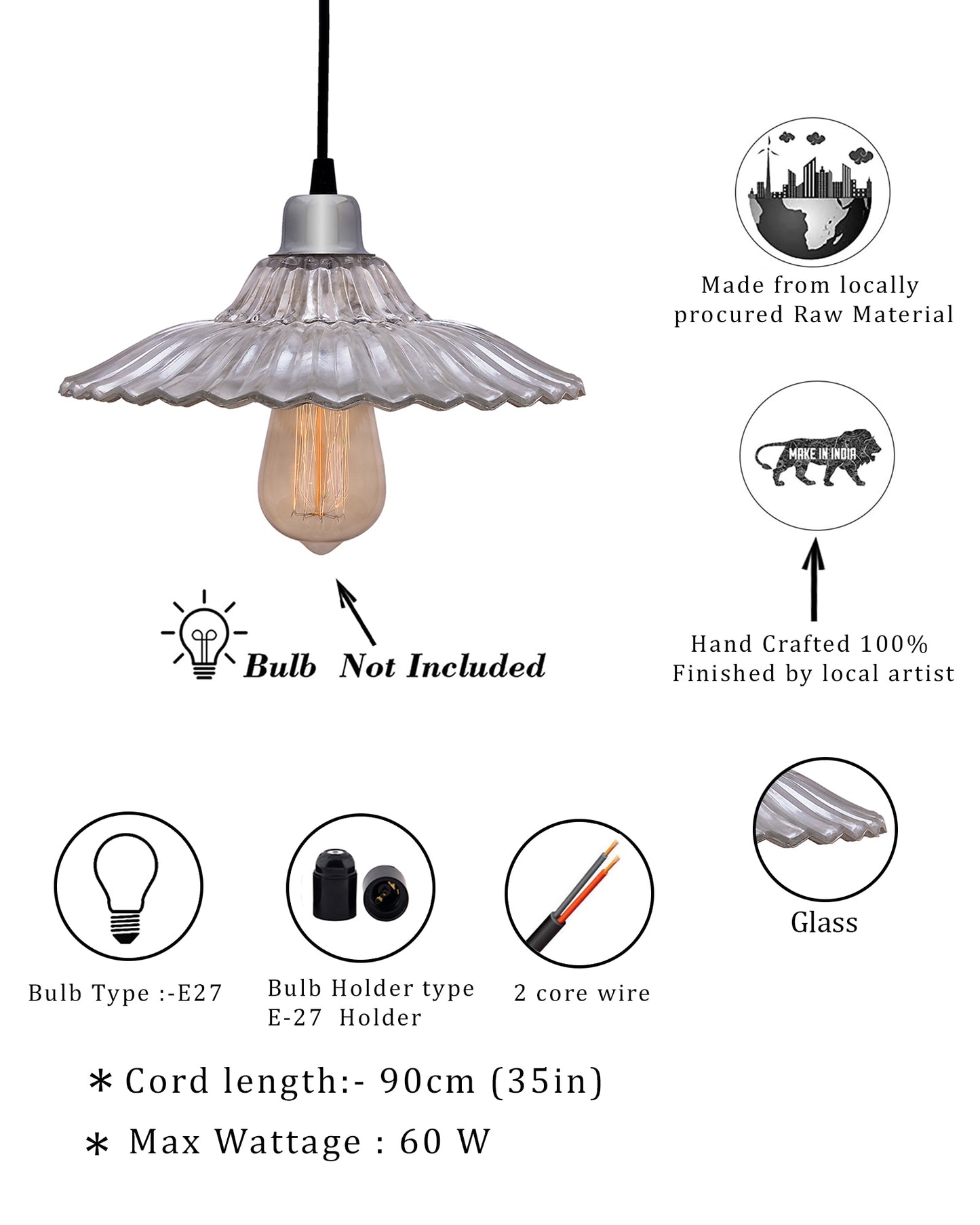 CLASSIC RIBBED Antique Silver GLASS PENDANT hanging light, E27 Nordic Glass ceiling LED/filament light