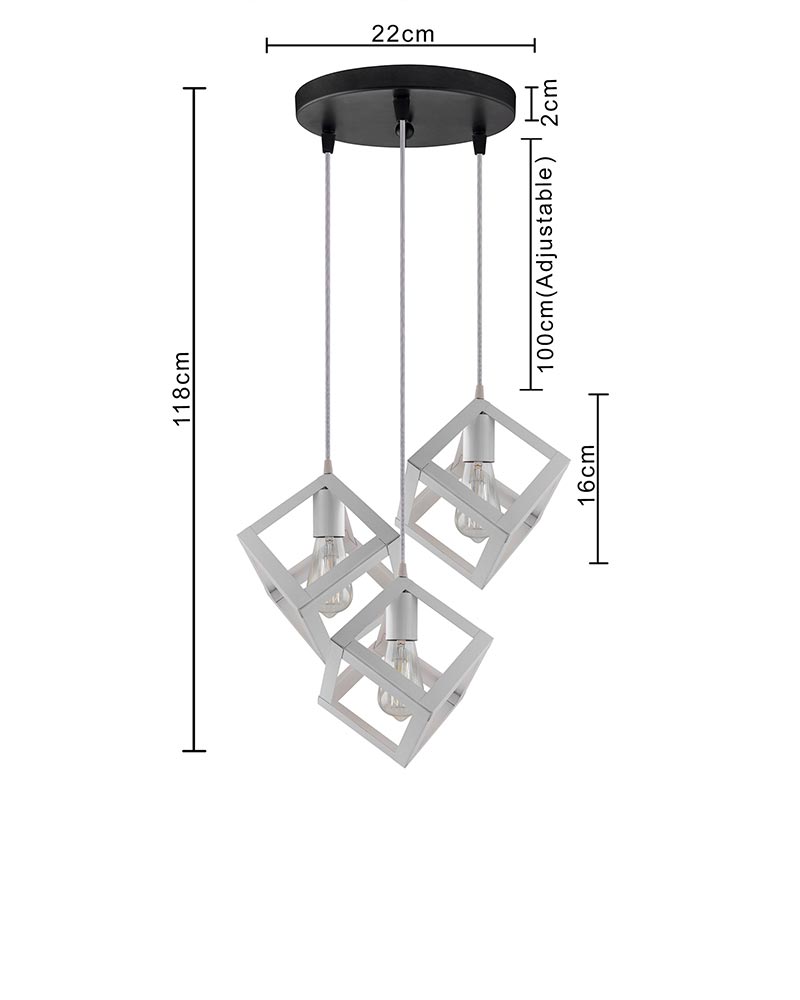 3-lights Round Cluster Chandelier White Hanging Cube 6", Hanging Pendant Light with Braided Cord, URBAN Retro, nordic style, bulb not included