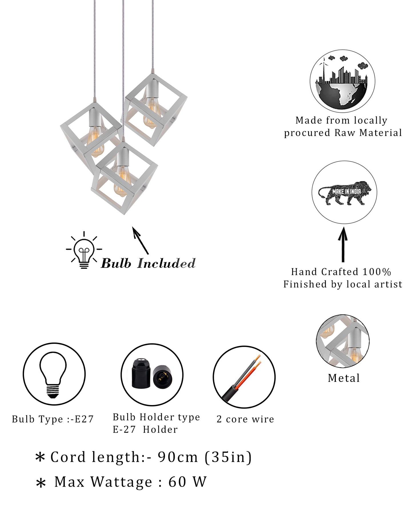 3-lights Round Cluster Chandelier White Hanging Cube 6", Hanging Pendant Light with Braided Cord, URBAN Retro, nordic style, bulb not included