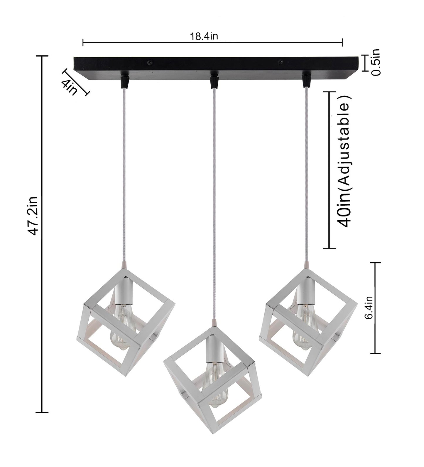 3-lights Linear Cluster Chandelier White Hanging Cube 6" Pendant Light, kitchen area and dining room light, bulb not included