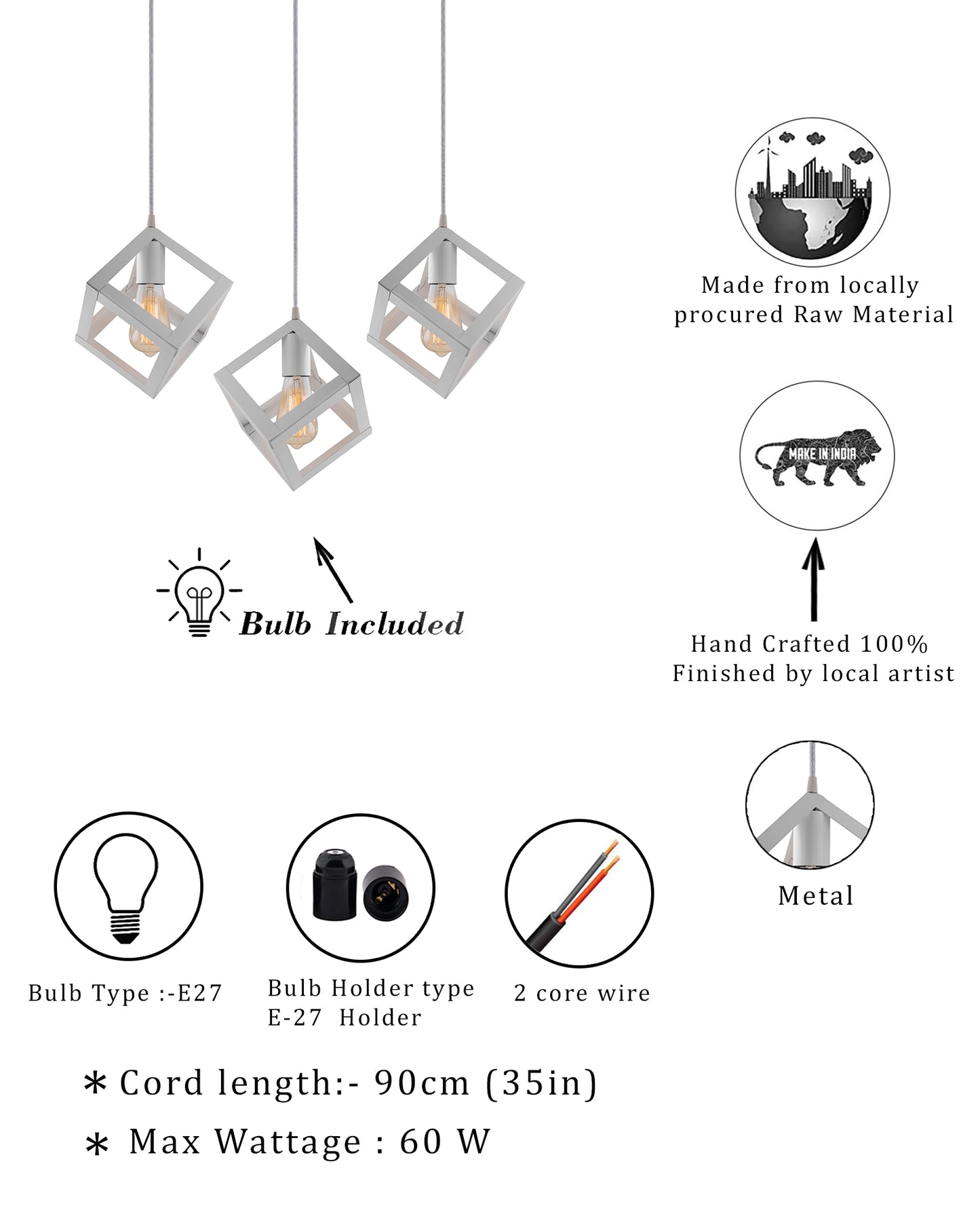 3-lights Linear Cluster Chandelier White Hanging Cube 6" Pendant Light, kitchen area and dining room light, bulb not included