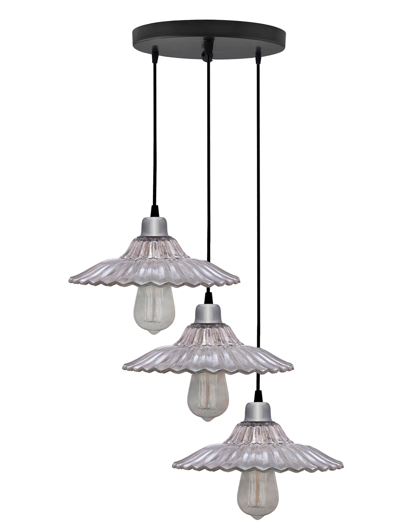 3-lights Round Cluster Chandelier Ceiling Ribbed Antique Silver Glass Hanging Pendant Light with Braided Cord, URBAN Retro, nordic style, LED/filament bulb