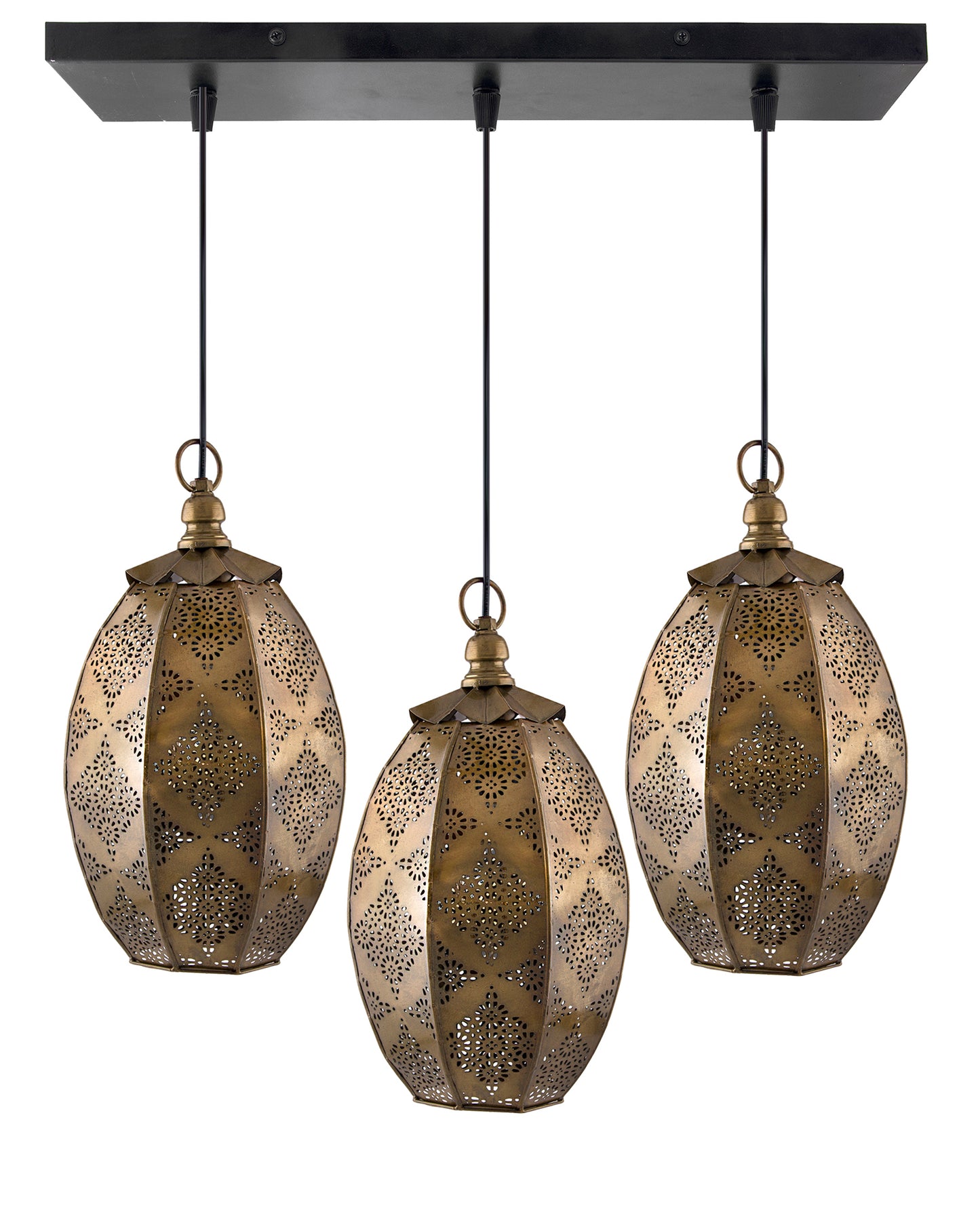 3-Lights Linear Cluster Chandelier Antique Finish Oval Moroccan Hanging Pendant Light, Kitchen Area and Dining Room Light, LED/Filament Light