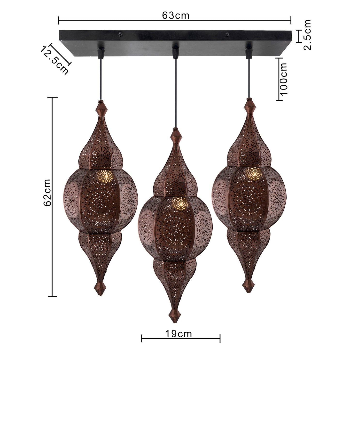 3-Lights Linear Cluster Chandelier Antique Classic Moroccan Nargis Hanging Pendant Light