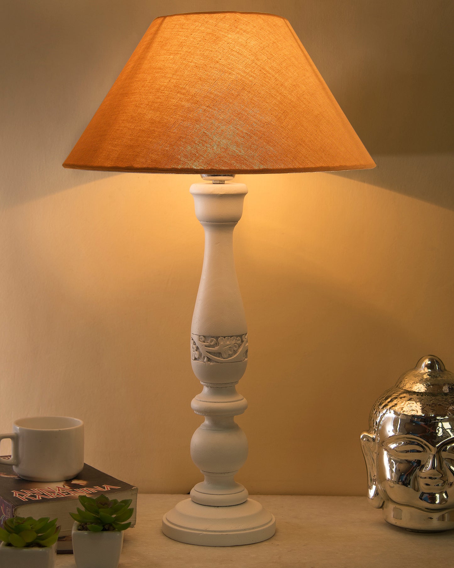 Floral Carved White Wood Table Lamp With Shade