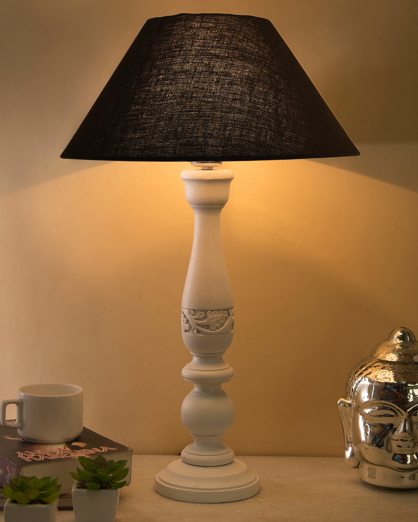 Floral Carved White Wood Table Lamp With Shade
