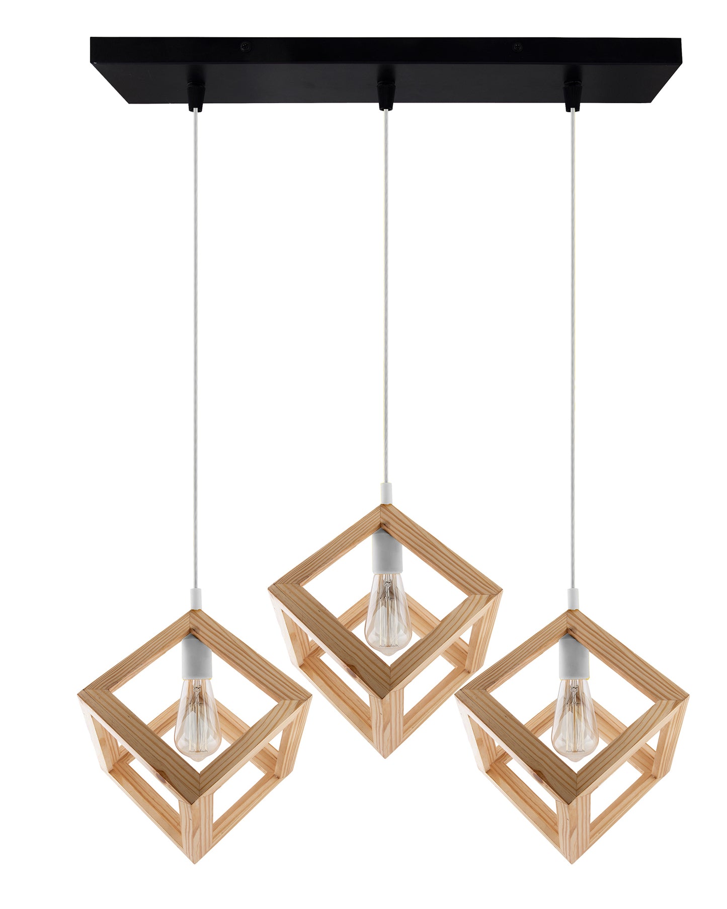 3-Lights Linear Cluster Chandelier Modern Nordic Wooden Pendant Cube Light with Silicone Holder Pendant Light, Kitchen Area ad Dining Room Light, LED/Filament Light