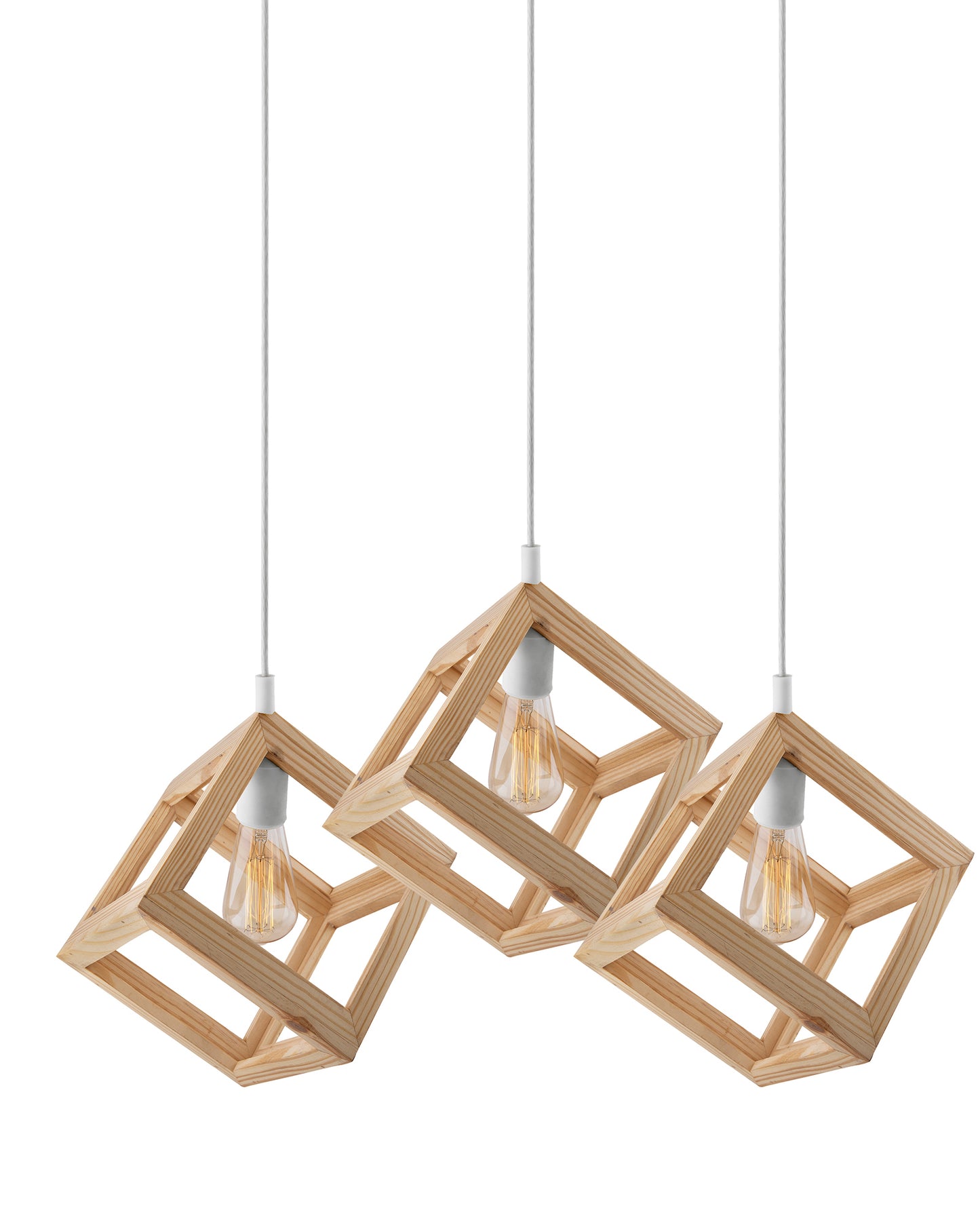 3-Lights Linear Cluster Chandelier Modern Nordic Wooden Pendant Cube Light with Silicone Holder Pendant Light, Kitchen Area ad Dining Room Light, LED/Filament Light